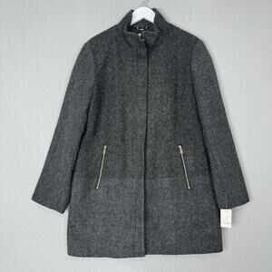 Nautica Womens Jacket XL Gray Wool Blend Herringbone Coat Gold Zip Up Old Money